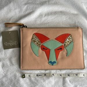 Anthropologie Peach Leather Ram Appliqué  Clutch with Multicolor Accents